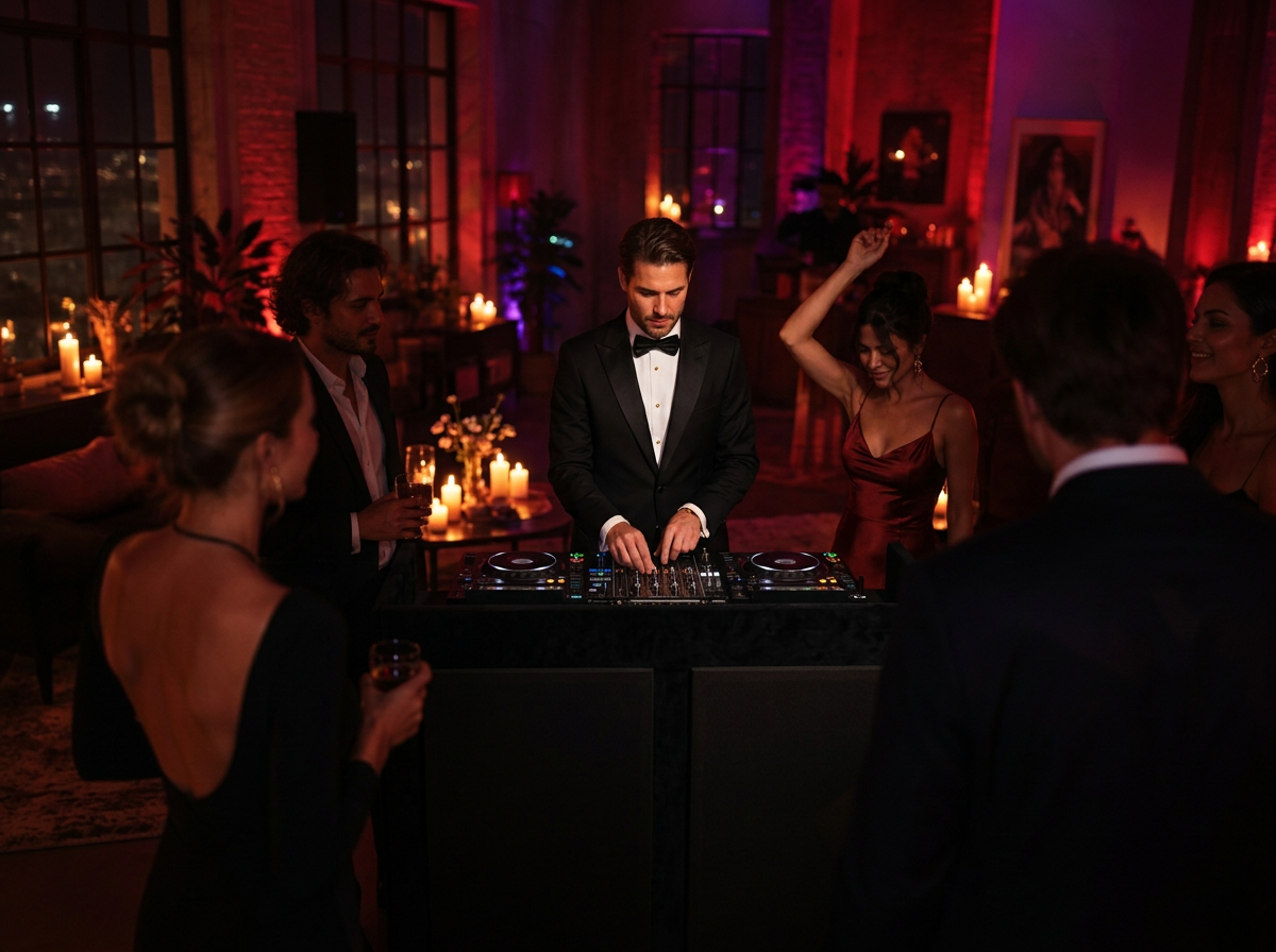 DJ behind the decks at an evening event