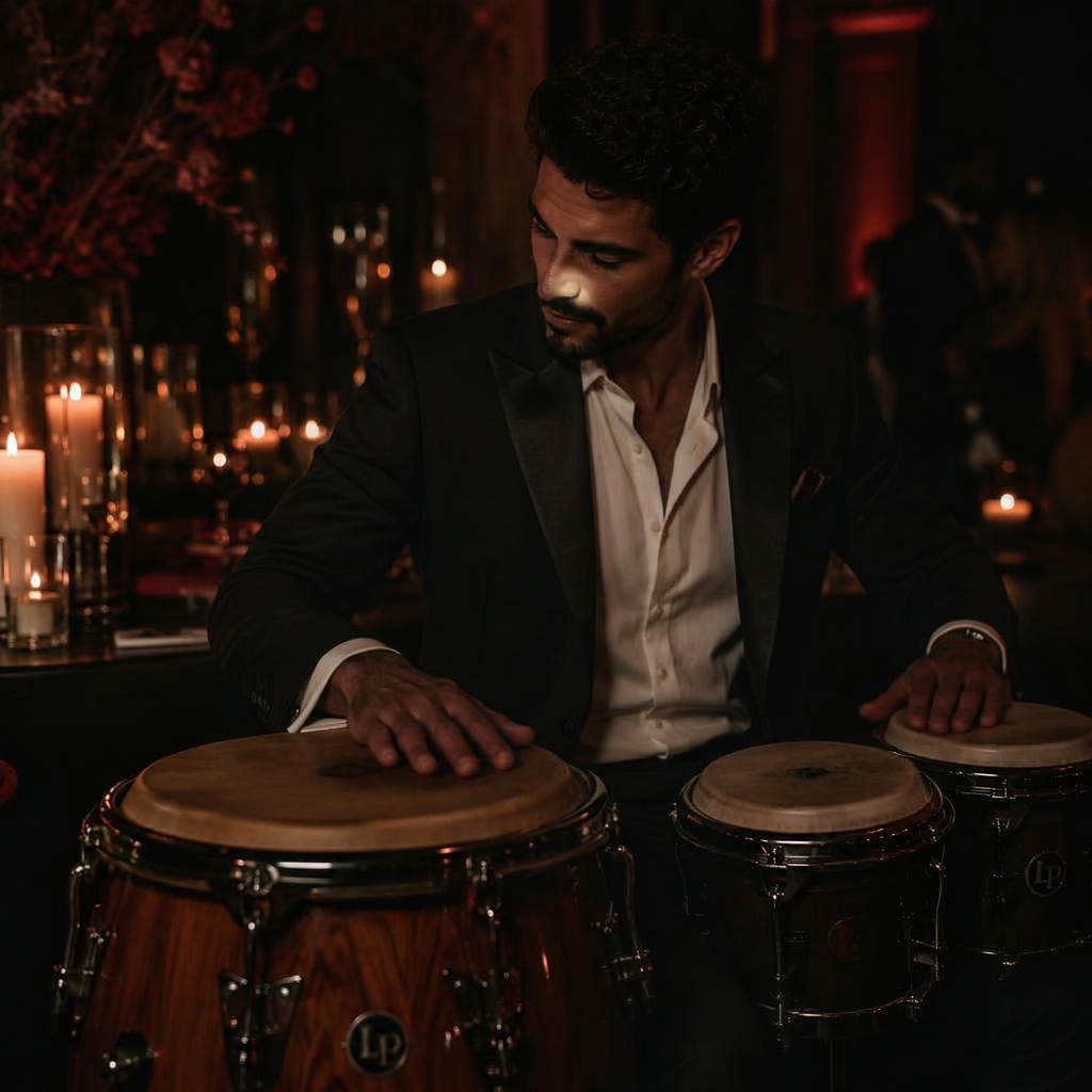Percussionist playing congas at an evening event