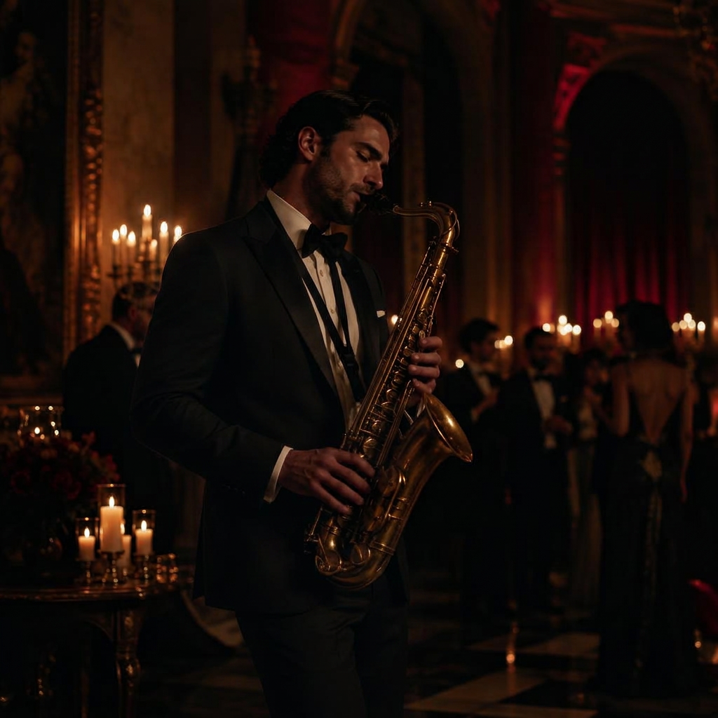 Live saxophone player at an evening event